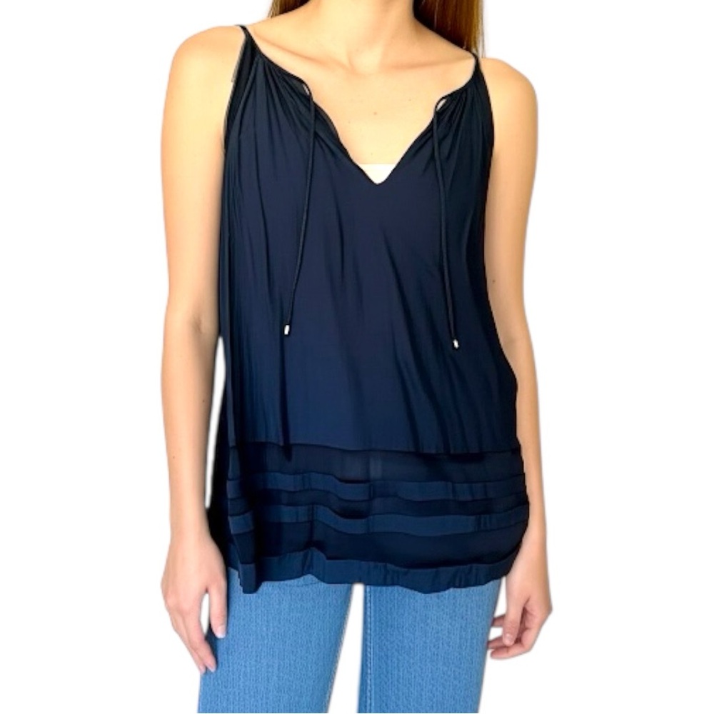 Ramy Brook Midnight Blue Silk Sleeveless Tank Top With Mesh Panels Size Medium